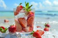 Refreshing summer cocktail with mint and strawberry in a glass by seashore for a beach delight