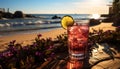 Refreshing summer cocktail on table, nature drink with fresh fruit generated by AI Royalty Free Stock Photo