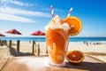Refreshing Summer Cocktail. Tropical Fruit Infused Drink on Chilled Ice with Scenic Beach Background