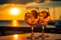 Refreshing summer cocktails at beachside bar with sunset and sea backdrop, generative Ai Royalty Free Stock Photo