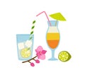 Refreshing summer cocktails with straws vector flat illustration. Cold beverages in glass decorated by umbrella, flowers