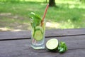 Refreshing summer cold drinks Sassy water with lemon, lime, cucumber, mint, ginger in glass on wooden table, outdoor. Royalty Free Stock Photo