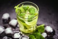 Refreshing summer cold lemonade mojito in a glass on a black background. Tourist drink, menu or restaurant image. Typical summer