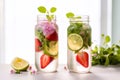 Refreshing summer drink infused detox water with edible flowers, strawberry and mint Royalty Free Stock Photo