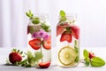 Refreshing summer drink infused detox water with edible flowers, strawberry and mint Royalty Free Stock Photo