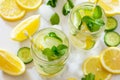 Refreshing summer drink with lemon and cucumber on a background of stone.