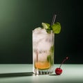 Refreshing summer drink with lemon, fresh mint and a cherry on dark background. Menu concept, copy space. Shadows, sunlight Royalty Free Stock Photo