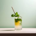 Refreshing summer drink with lemon and fresh mint on light background, kinfolk. Menu concept, copy space. Shadows, sunlight Royalty Free Stock Photo