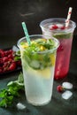 Refreshing summer drink lemon with mint, ice and raspberry with basil, ice. Royalty Free Stock Photo