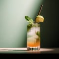 Refreshing summer drink with lime, mint and fruit puree on light background. Menu concept, copy space. Shadows, sunlight