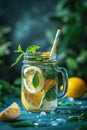 Refreshing Homemade Citrus Mint Lemonade in a Mason Jar with Sliced Lemons, Fresh Mint Leaves, and a Striped Straw