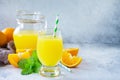 A refreshing summer drink with orange juice, fresh oranges and mint on a gray stone or slate background. Royalty Free Stock Photo