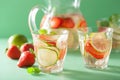 Refreshing summer drink with strawberry cucumber lime in jar and Royalty Free Stock Photo