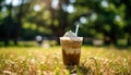 Refreshing summer drink on a wooden table in nature embrace generated by AI