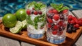 Refreshing Summer Drinks with Berries and Mint on Wooden Tray Royalty Free Stock Photo