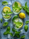 Refreshing Summer Drinks Iced Lemon Water with Fresh Basil Leaves and Ice Cubes Perfect Cool Lemonade Beverage Top View of Three