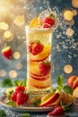 Refreshing Summer Fruit Cocktail with Fizzy Sparkles and Light Bokeh Background
