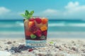Refreshing summer fruit cocktail served in a glass on a sandy beach for ultimate relaxation