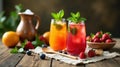 Refreshing summer fruit drinks with ice and mint garnish on rustic wooden table. Generative AI Royalty Free Stock Photo