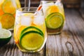 A refreshing summer ice-cold drink. White wine sangria in glass with lime, lemon and orange