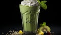 Refreshing summer milkshake with mint leaf and raspberry garnish generated by AI