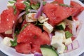 Watermelon Feta Salad in a White Bowl