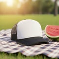 refreshing summer themed product display featuring a blank white and black trucker hat its clean surface poised for custom Royalty Free Stock Photo