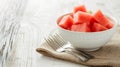 Refreshing Summer Vibes: Watermelon Cubes, Forks, and Rustic Elegance on a White Provence Style Tabl
