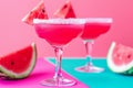 Refreshing summer watermelon cocktails. Glasses rimmed with sugar filled with a pink watermelon drink. Generative AI Royalty Free Stock Photo