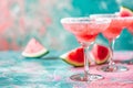 Refreshing summer watermelon cocktails. Glasses rimmed with sugar filled with a pink watermelon drink. Generative AI Royalty Free Stock Photo