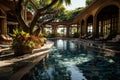 Refreshing swimming pool enveloped by palms, best summer image Royalty Free Stock Photo