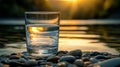 Refreshing Tranquility A Glass of Water on Polished Pebbles with a Sunset Background Royalty Free Stock Photo
