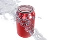 Three-dimensional illustration refreshing and transparent cool water splash to wetting soda can Royalty Free Stock Photo