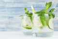 Refreshing transparent spring drink with slices lime, twig mint, ice, bubbled water, straw on soft blue wood plank, copy space.