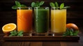 Refreshing Trio of Fresh Fruit Juices Served on a Rustic Wooden Tray, Garnished with Mint Leaves and Orange Slices