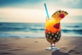 A refreshing, tropical cocktail, served in a stylish glass and garnished with a vibrant paper umbrella, fresh fruit, and a Royalty Free Stock Photo