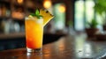 Refreshing tropical cocktail on wooden bartop, garnished with pineapple and mint. Generative AI Royalty Free Stock Photo