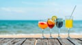 Refreshing tropical cocktails arranged on a table against a picturesque sea beach backdrop, Ai Generated