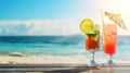 Refreshing tropical cocktails arranged on a table against a picturesque sea beach backdrop, Ai Generated