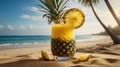 Exotic Pineapple Juice on a Sandy Beach Paradise with Blue Ocean and Palm Trees Royalty Free Stock Photo