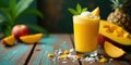 Refreshing tropical mango smoothie with coconut flakes and mint garnish on rustic wooden table. Generative AI Royalty Free Stock Photo