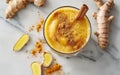 Refreshing Turmeric and Ginger Smoothie With Cinnamon Sticks on Marble Counter Royalty Free Stock Photo