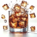 Coca-Cola with Ice Cubes Splashing into Glass Isolated on White Background