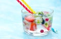 Refreshing water with frozen in ice cubes berries fruits and flo