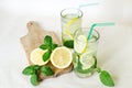 Refreshing water with lemon, mint leaves and ice in glass glasses with colored tubules. Lemon with mint branches on a wooden board