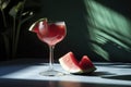 Refreshing watermelon cocktail in glass on table against dark background. Generative AI Royalty Free Stock Photo