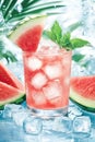 Refreshing watermelon cocktail with ice and mint on a sunny tropical background Royalty Free Stock Photo