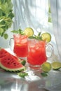 Refreshing watermelon drink with lime and mint on a sunny background Royalty Free Stock Photo