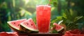 Refreshing watermelon juice with ice cubes and slices, served on a table Royalty Free Stock Photo