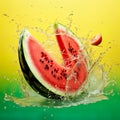 refreshing watermelon slice against a water-themed advertising background. Royalty Free Stock Photo